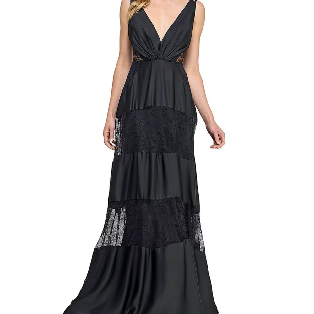 CeliaB Black Ruffled Tiered Sleeveless Gown BRAND NEW